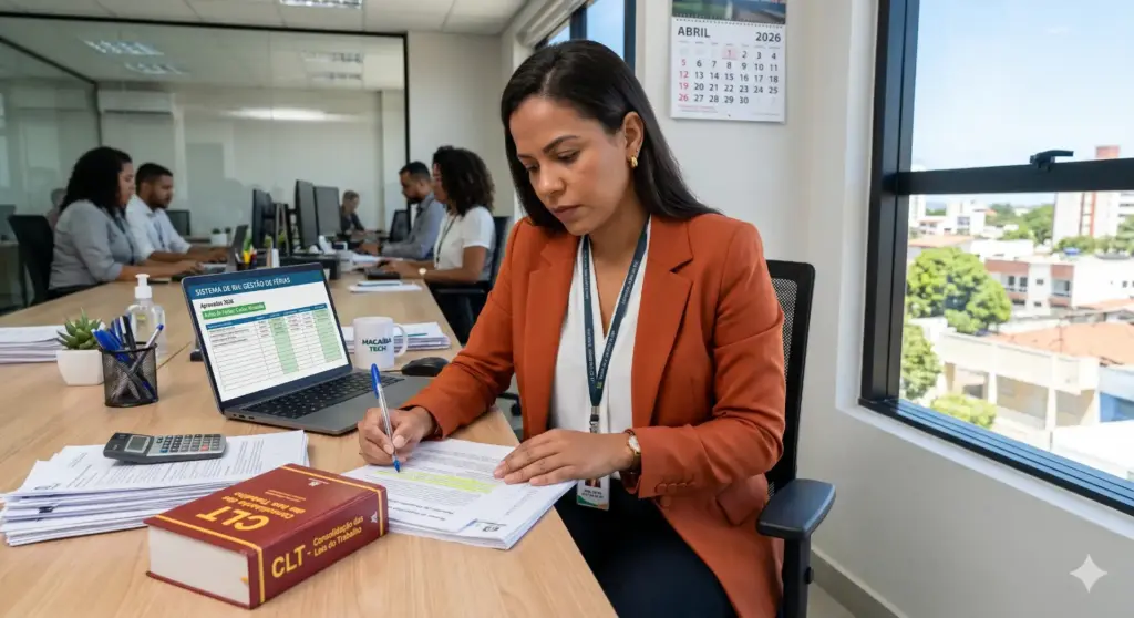 Profissional de departamento pessoal gerenciando gestão de férias na prática em ambiente de escritório com computadores e documentos.