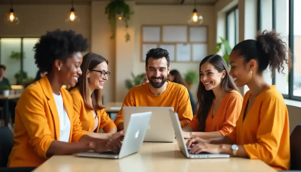Grupo de jovens profissionais discutindo projeto de estágio em ambiente de coworking, promovendo aprendizado e desenvolvimento na Lei do Estágio.