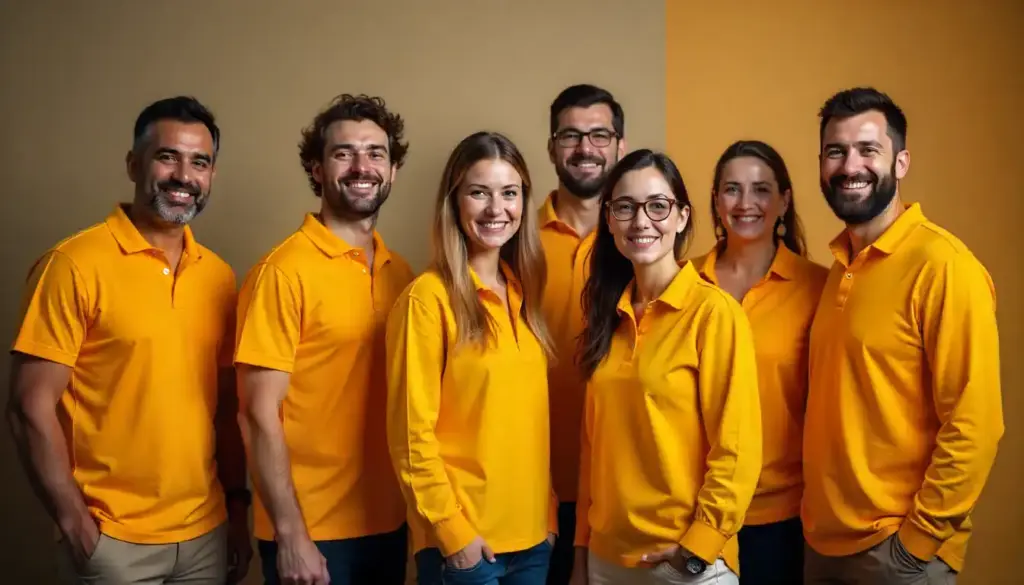 Grupo de pessoas sorrindo e vestindo camisetas amarelas, simbolizando um quinquênio de sucesso e trabalho em equipe.