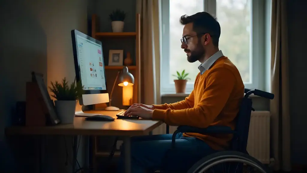 Homem em cadeira de rodas trabalhando em um computador em um ambiente doméstico, com iluminação aconchegante e plantas decorativas ao fundo, promovendo acessibilidade e inclusão.