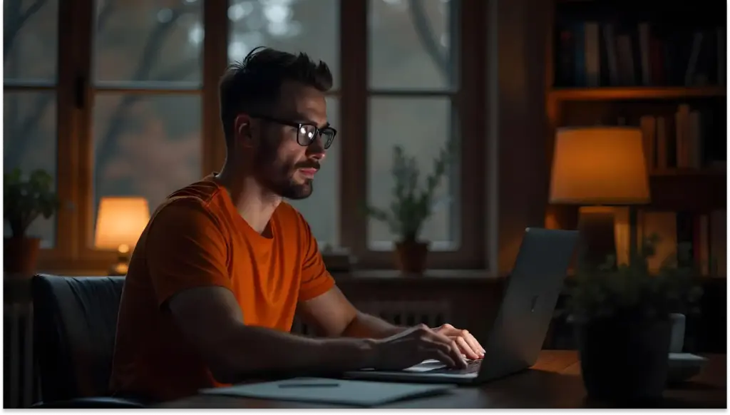 Homem jovem com óculos e cabelo escuro usando laptop em um ambiente de estudo ou trabalho em casa, com iluminação quente de lâmpadas e uma grande janela ao fundo.