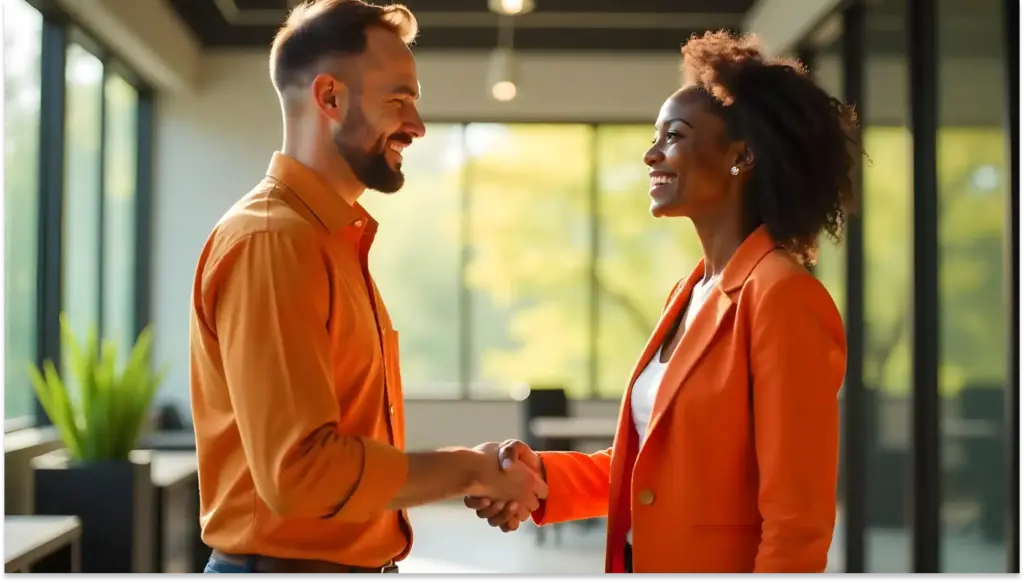 Homem e mulher de negócios sorrindo e se cumprimentando com aperto de mão em ambiente de escritório moderno ao ar livre.