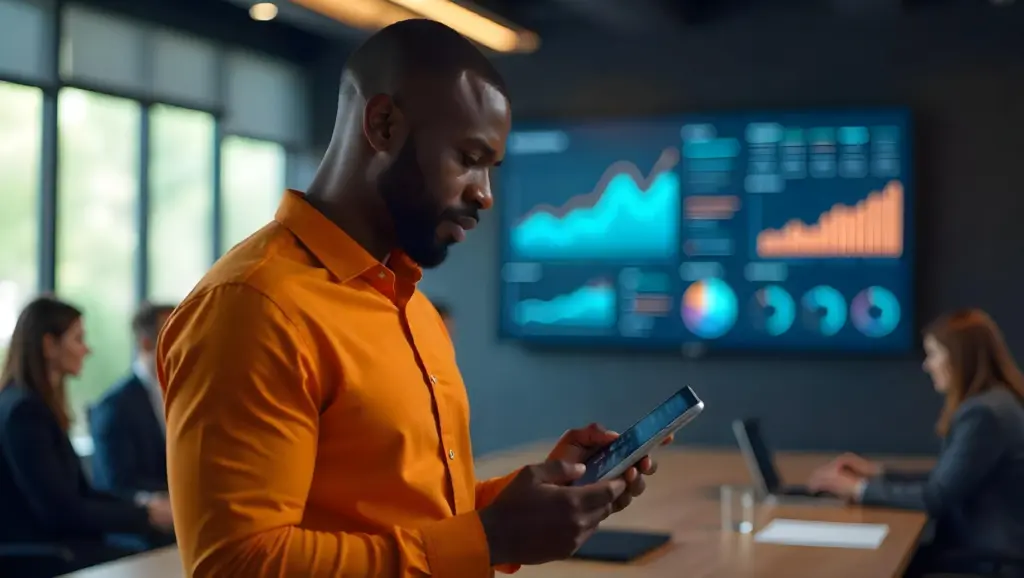 Homem de negócios usando smartphone em reunião de equipe com gráficos digitais ao fundo, ambiente de escritório profissional.