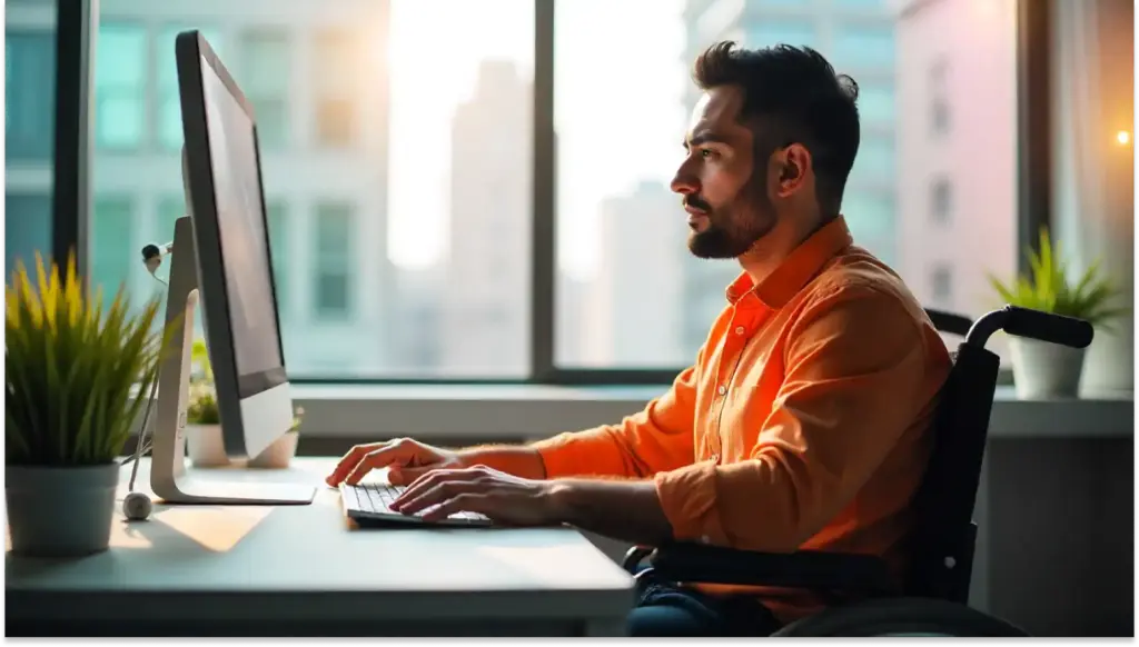 Homem, representando uma pessoas com deficiência usando computador em escritório com vista para a cidade ao fundo, trabalhando com foco e atenção, ambiente moderno e bem iluminado.