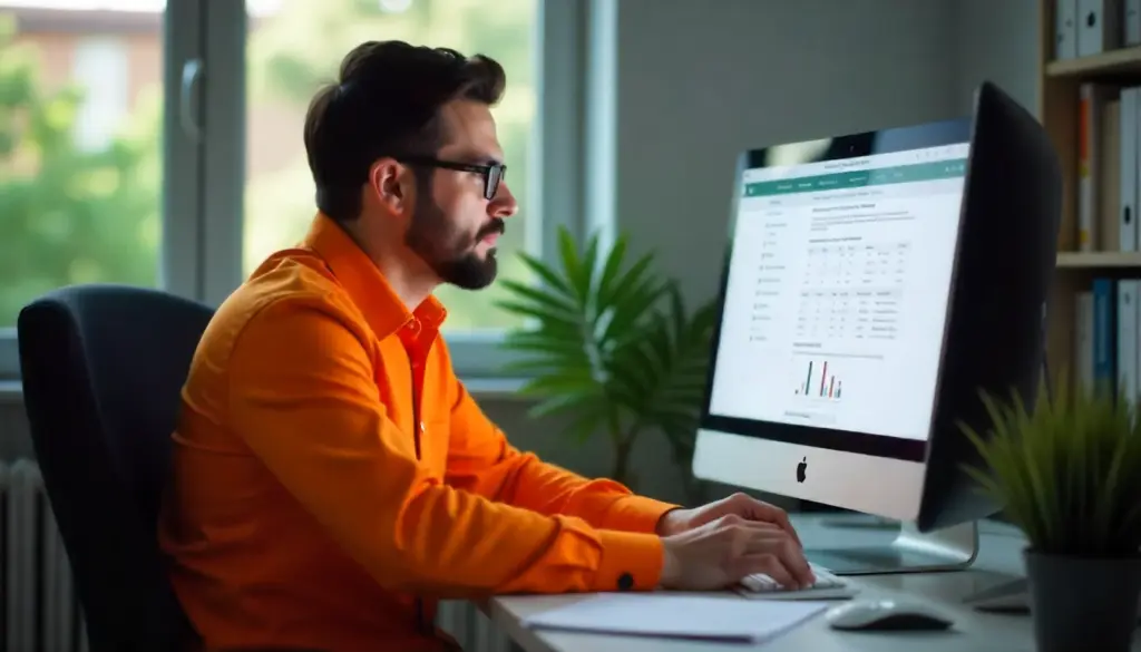 Homem trabalhando em um computador mostrando dados financeiros e gráficos, simbolizando planejamento de quinquênio para crescimento empresarial.