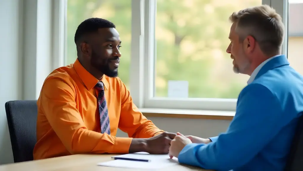 Homem de terno azul conversando com outro homem de camisa laranja, ambos sentados à mesa em ambiente de escritório, demonstrando uma conversa séria e amigável.