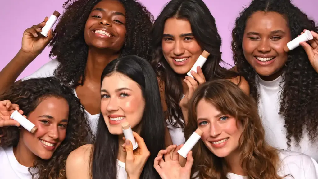 Grupo de jovens Ollie sorrindo com produtos de beleza, promovendo cuidados com a pele e autoestima. Mulheres de diferentes etnias usando protetor solar Ollie.