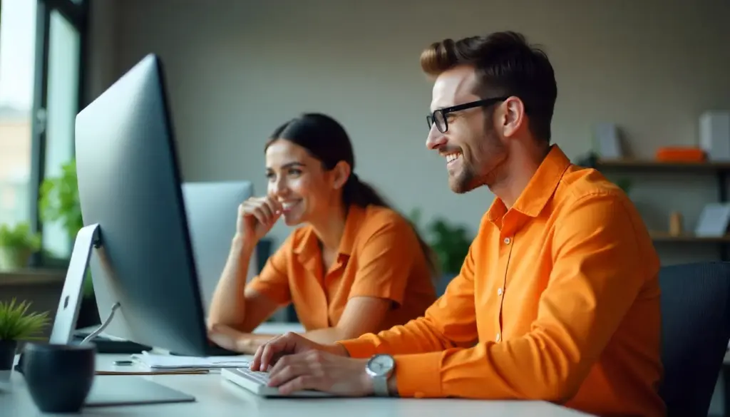 Jovens profissionais trabalhando em um escritório moderno, discutindo aspectos da Lei do Estágio, com sorriso e ambiente colaborativo.