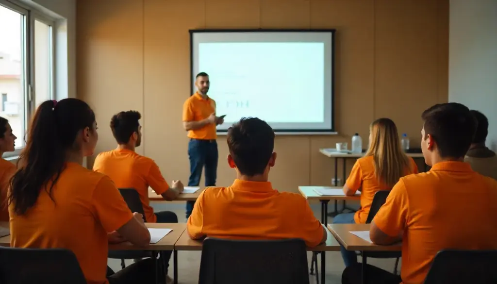 Grupo de estudantes participando de aula sobre Lei do Estágio em sala de aula moderna, com professor apresentando conteúdo em um projetor