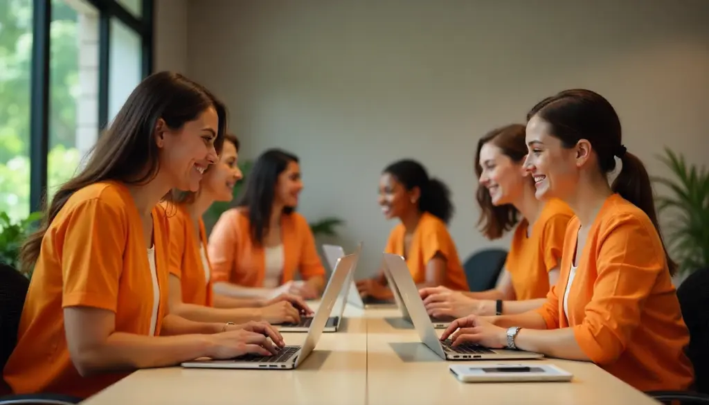 Grupo de estudantes de mulheres sorridentes em uma sala de reunião, usando uniformes laranja e trabalhando em laptops, simbolizando a importância da Lei do Estágio na formação profissional.