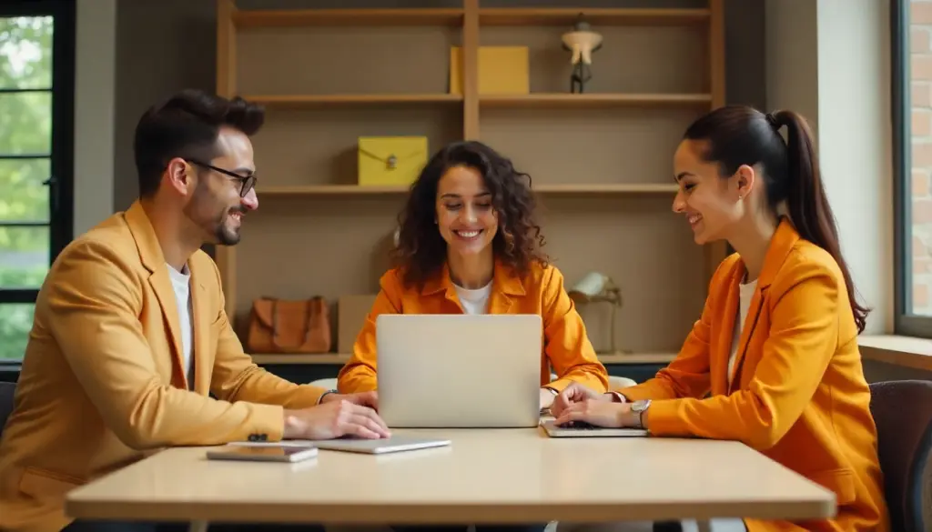 Três jovens profissionais participando de uma reunião de planejamento, discutindo a Lei do Estágio e novidades jurídicas no ambiente de trabalho.