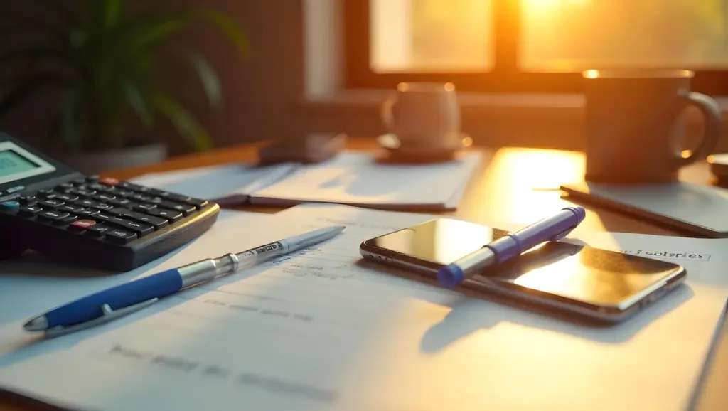 Imagem de uma mesa de escritório, retratando a mudança no IR, organizada com calculadora, canetas, celular, documentos e uma xícara, iluminada pela luz do pôr do sol pela janela.