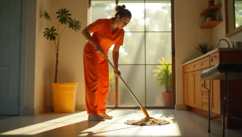 Mulher de uniforme laranja limpando o chão da cozinha com vassoura, esperando o momento de regularizar FGTS.