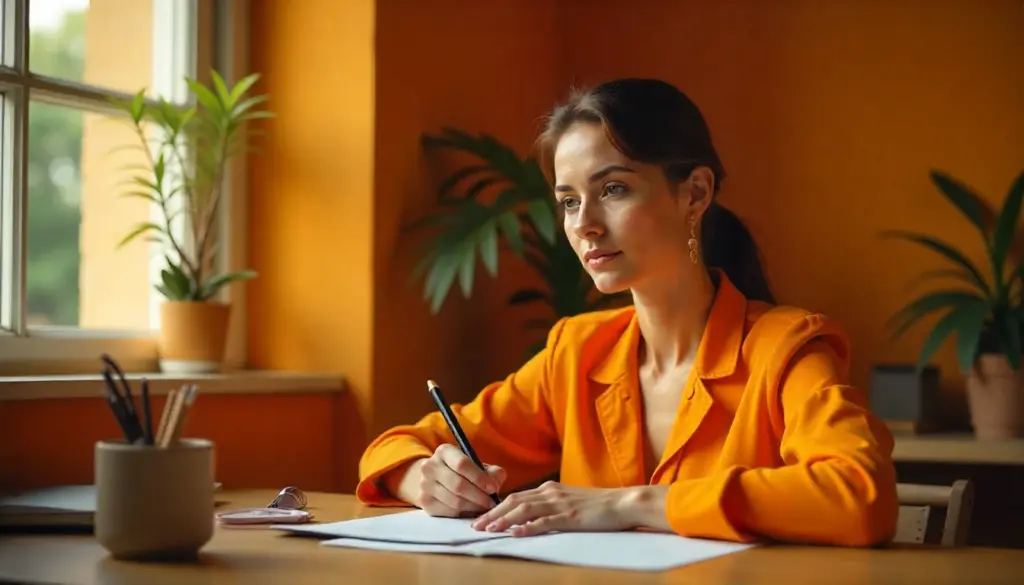 Mulher refletindo sobre silêncio organizacional em ambiente de trabalho, mostrando a importância do silêncio para a produtividade e bem-estar