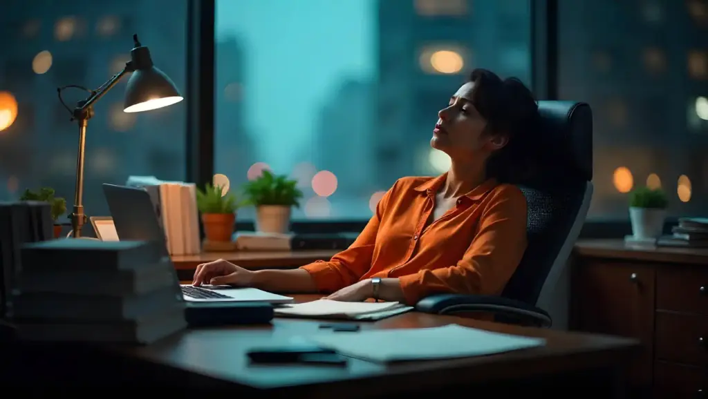 Saúde Emocional do RH: Mulher relaxada descansando no escritório à noite, com luzes urbanas visíveis pela janela, refletindo um ambiente de trabalho após um dia cansativo.