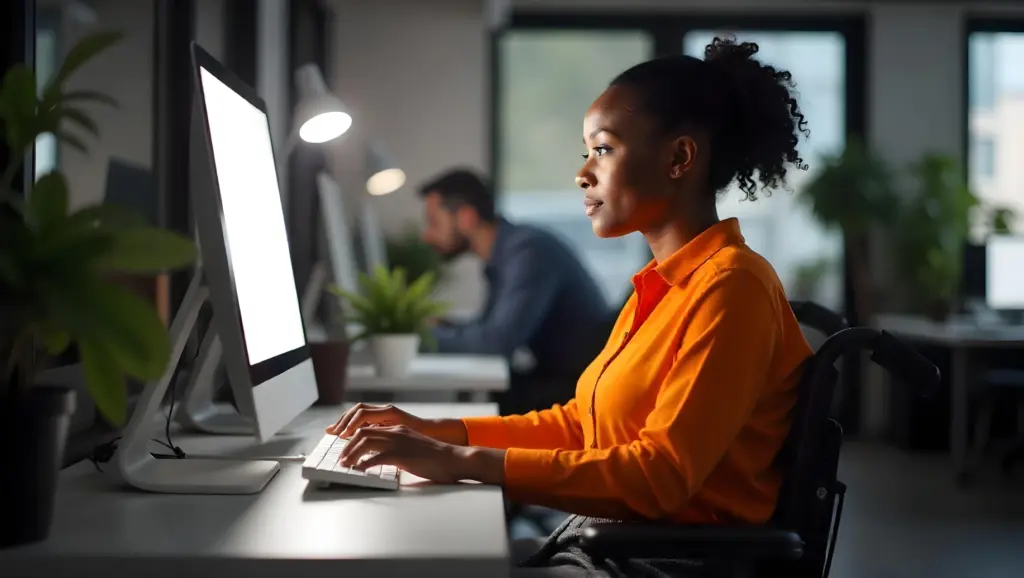 Mulher PCDs trabalhando em escritório moderno com computador, foco, ambiente corporativo tecnológico, profissionais no background, iluminação natural