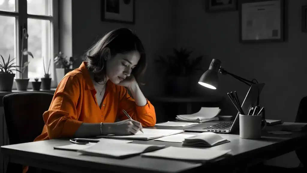 Mulher estudando ou trabalhando em um escritório com mesa cheia de papéis, usando luz de mesa, ambiente com plantas no fundo, em preto e branco.