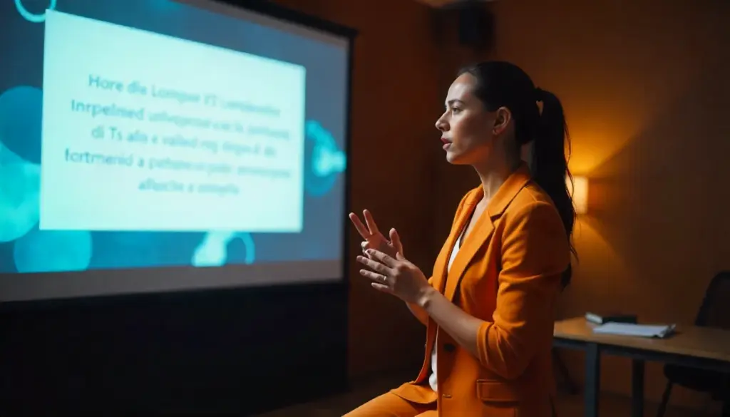 Mulher em apresentação de onboarding, explicando pontos importantes para novo colaborador