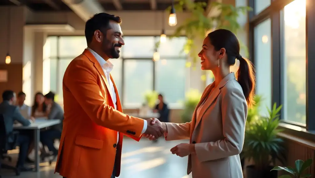 Homem e mulher se cumprimentando com aperto de mãos em ambiente de escritório, simbolizando parceria e networking em uma empresas empáticas.