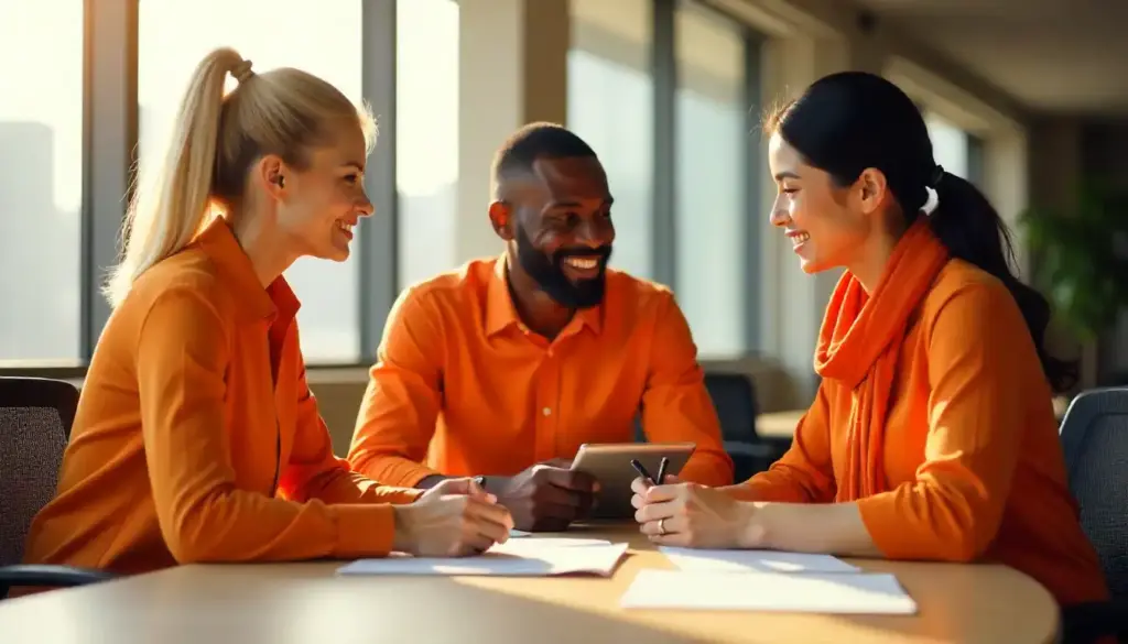 Três pessoas em uma entrevista ou reunião de processo seletivo, sorrindo e conversando juntos em ambiente corporativo bem iluminado.