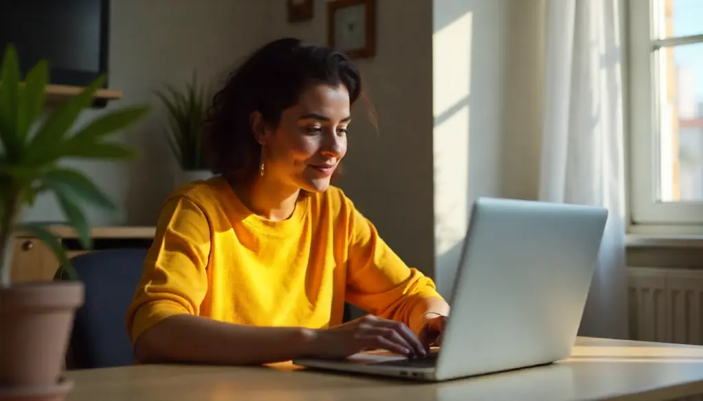 Mulher sorridente realizando processo seletivo online em ambiente bem iluminado e tranquilo.