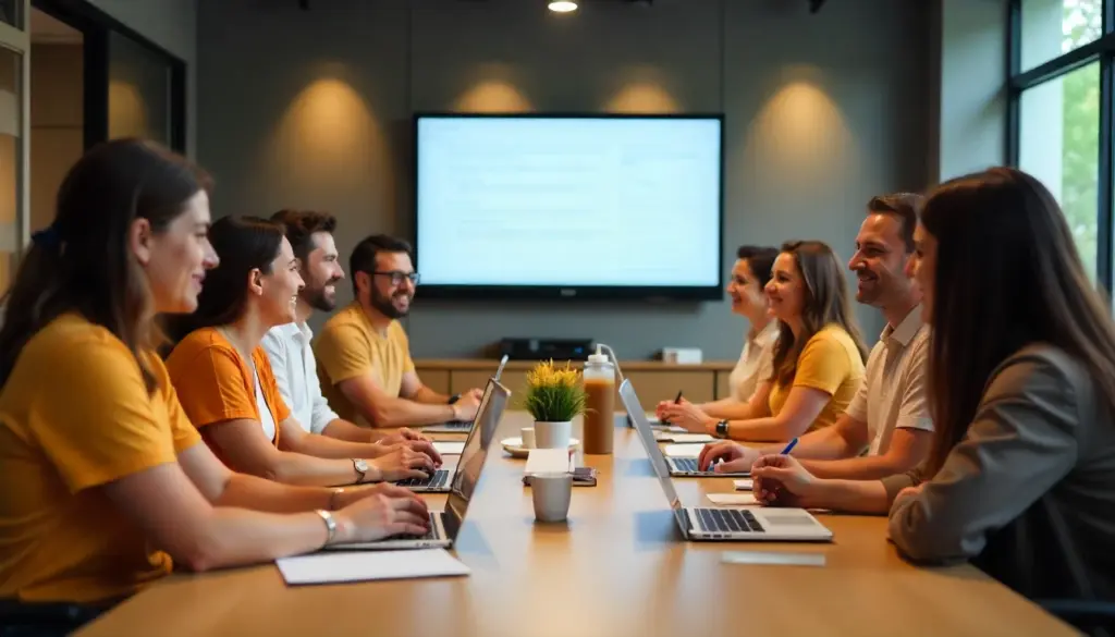 Reunião de equipe planejando estratégias para alcançar o quinquênio de metas, promovendo colaboração e crescimento empresarial em um ambiente de escritório moderno.