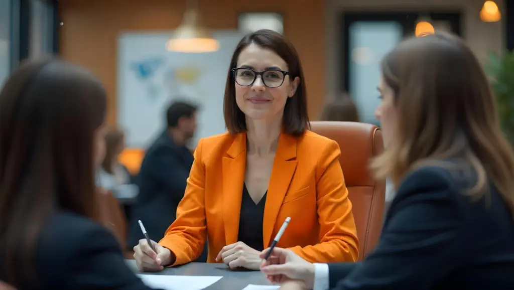 Mulher de negócios com óculos e blazer laranja participa de reunião de negócios, demonstrando liderança e profissionalismo em no futuro do RH.