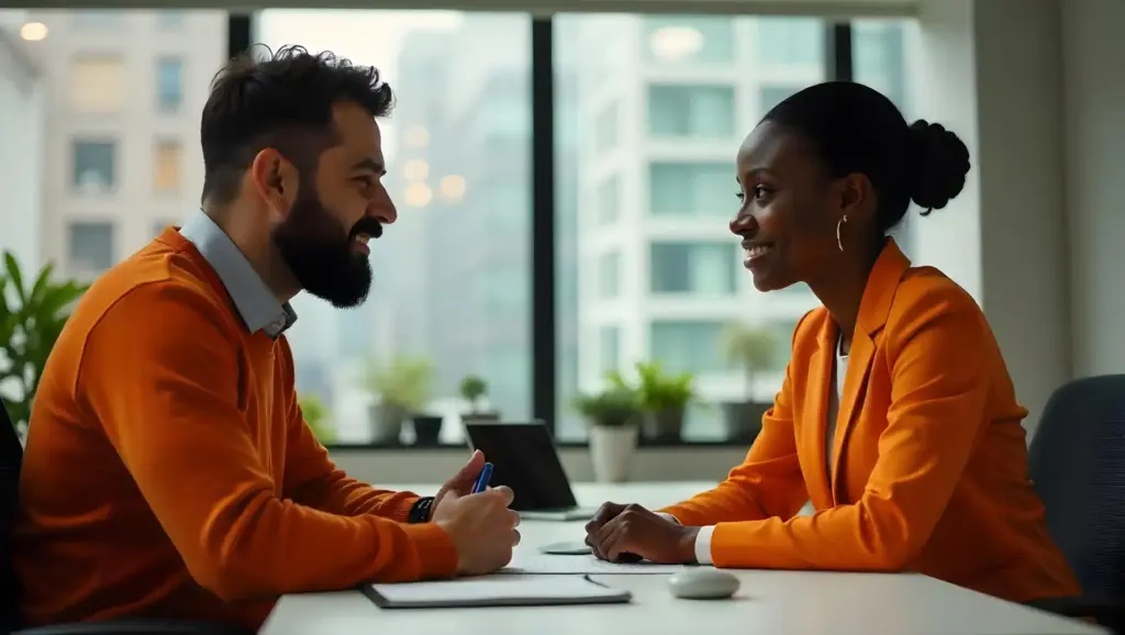 Homem e mulher sorrindo em exame demissional de negócios, usando roupas laranja, com fundo de janela e sala moderna, transmitindo parceria e sucesso profissional.