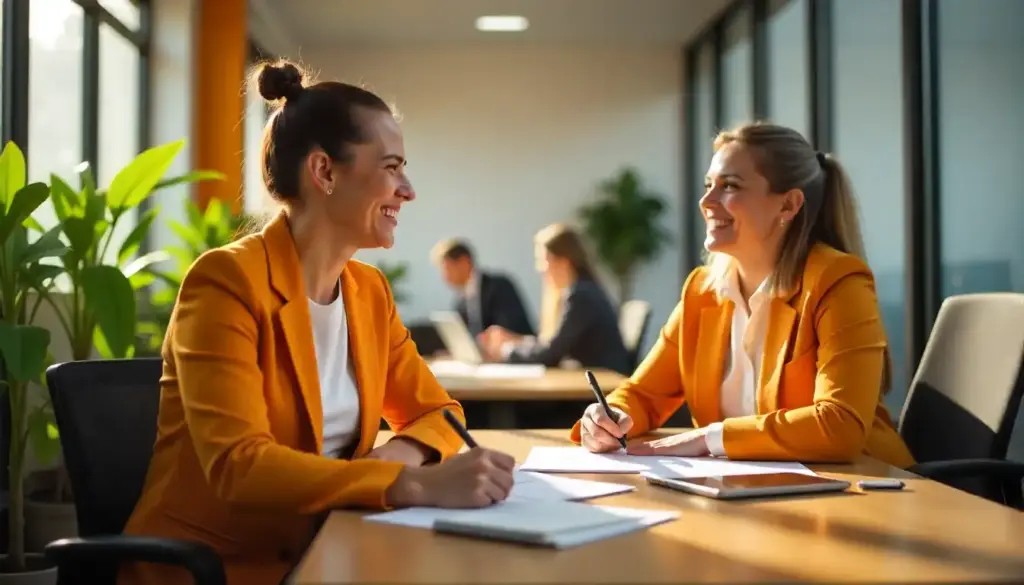 Duas mulheres em uma reunião de onboarding, sorrindo e conversando em escritório moderno com ambiente colaborativo.