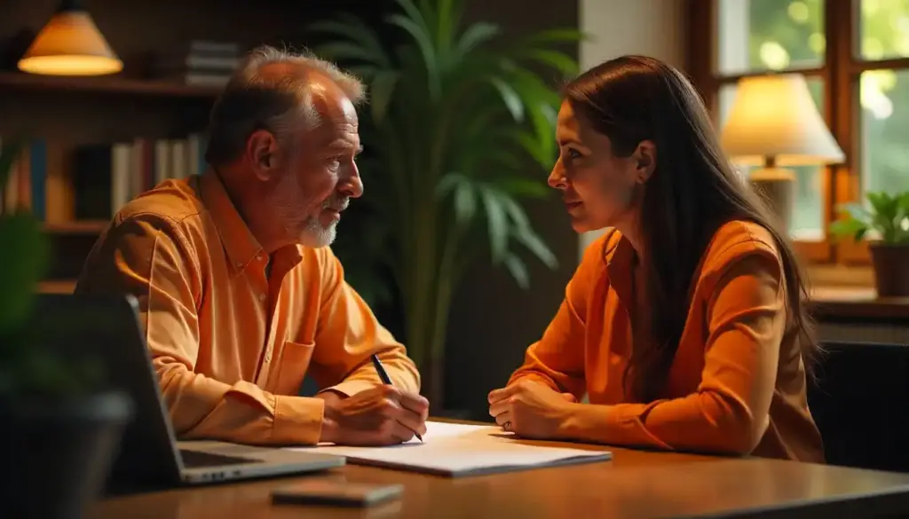 Imagem de duas pessoas conversando silenciosamente em um ambiente de escritório, ilustrando o conceito de silêncio organizacional e comunicação eficaz no ambiente de trabalho.