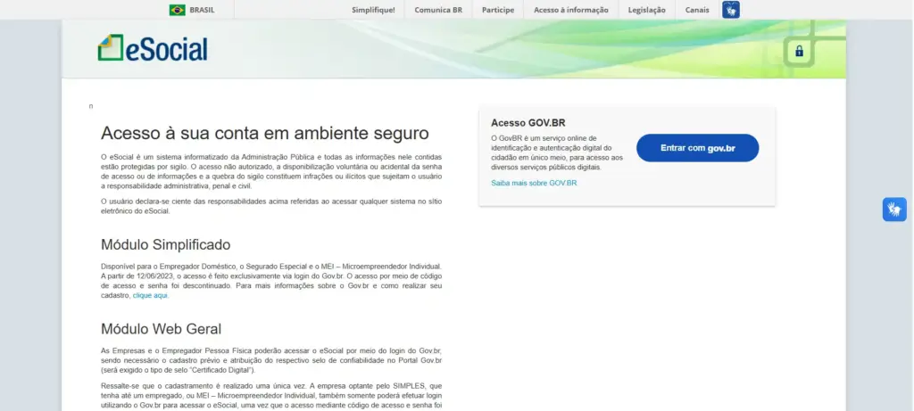 Página de acesso ao sistema eSocial, plataforma do governo brasileiro para gerenciamento de informações trabalhistas e fiscais com login do Gov.br.