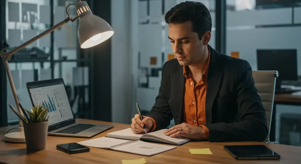 Homem de blazer escuro analisando dados financeiros em ambiente de escritório com foco em conceitos de interjornada e intrajornada.