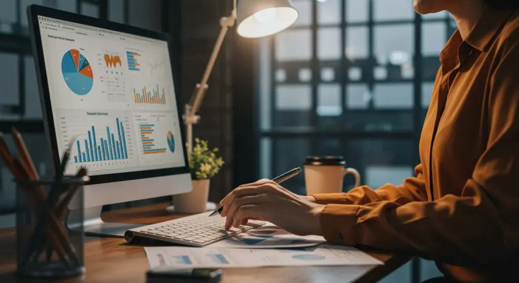 Pessoa analisando gráficos de reajuste salarial e dissídio em computador no ambiente de escritório.