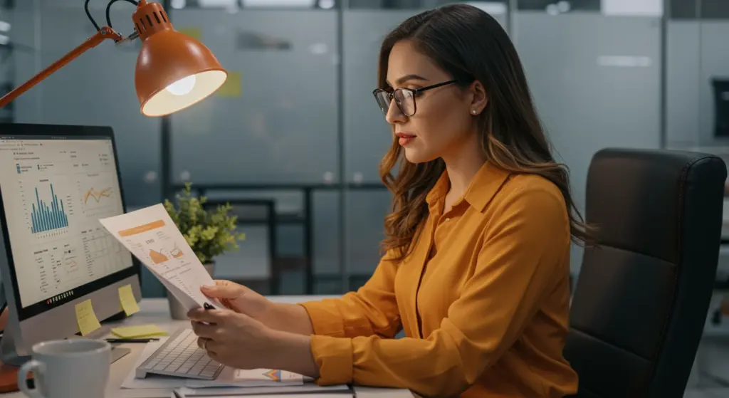 Mulher analisando documentos relacionados à insalubridade no ambiente de escritório, com computador e gráficos à sua frente.