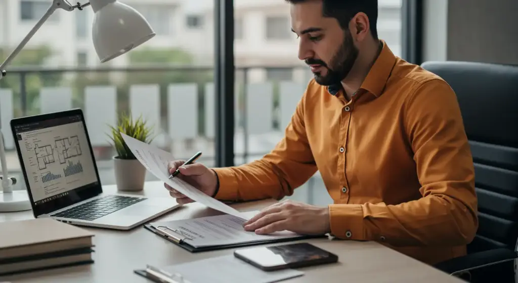 Homem analisando documentos relacionados à periculosidade em ambiente de escritório, ao lado de um laptop e uma planta