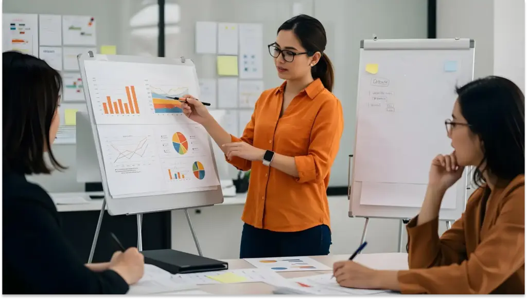 Mulher apresentando gráfico em reunião de equipe, discutindo dados estatísticos e análises de mercado em ambiente corporativo.