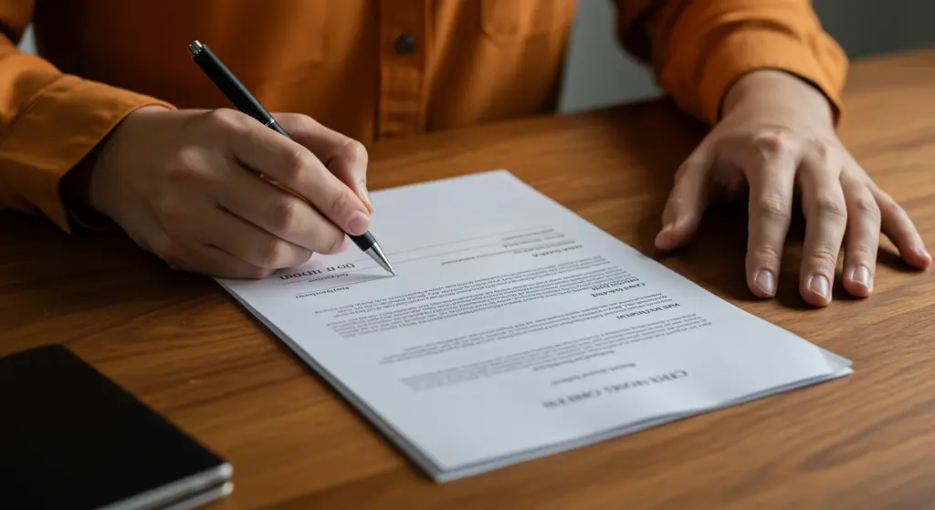 Pessoa assinando documento de aviso-prévio em uma mesa de trabalho, ilustrando regras e prazos relacionados ao aviso-prévio na legislação trabalhista brasileira.