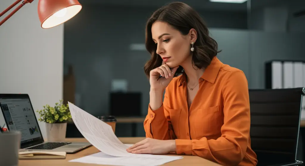 Mulher analisando documentos sobre aviso-prévio, regras e prazos no ambiente de trabalho, com foco na legislação trabalhista.