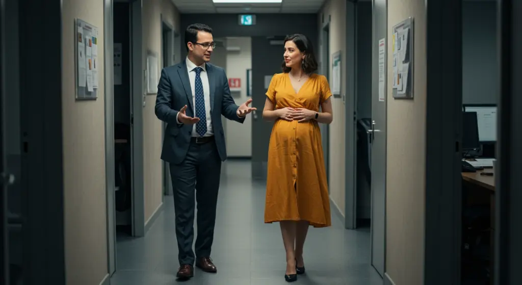 Homem e mulher conversando em corredor de escritório, mulher em vestido amarelo, tema relacionado a licença-maternidade e direitos trabalhistas.