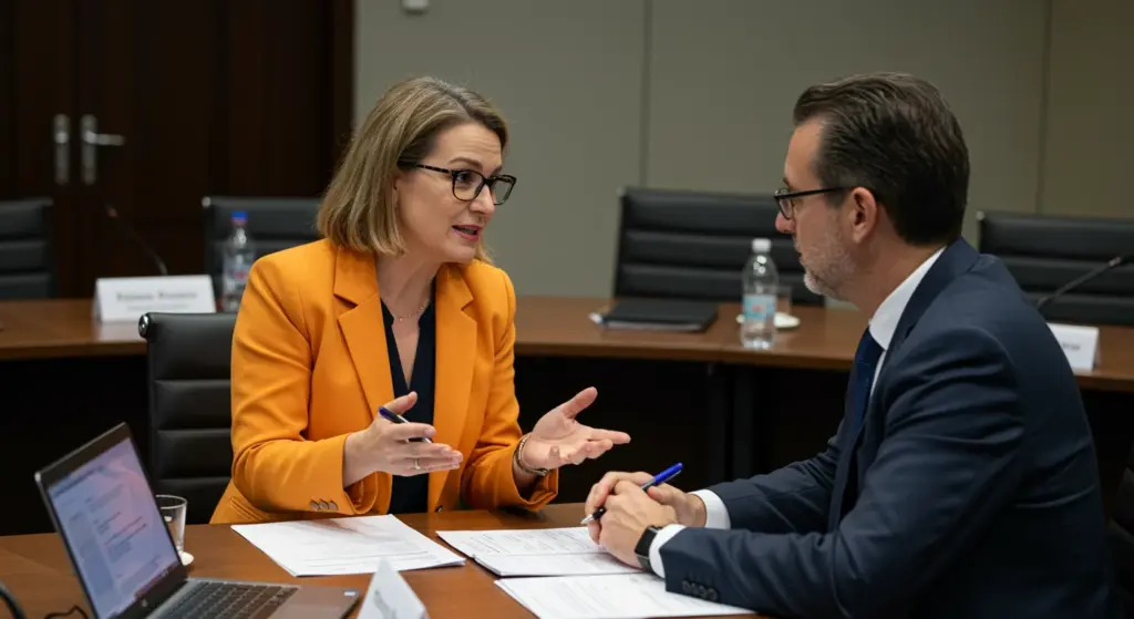 Profissionais discutindo regras, prazos e aplicação correta do aviso-prévio em reunião de negócios.