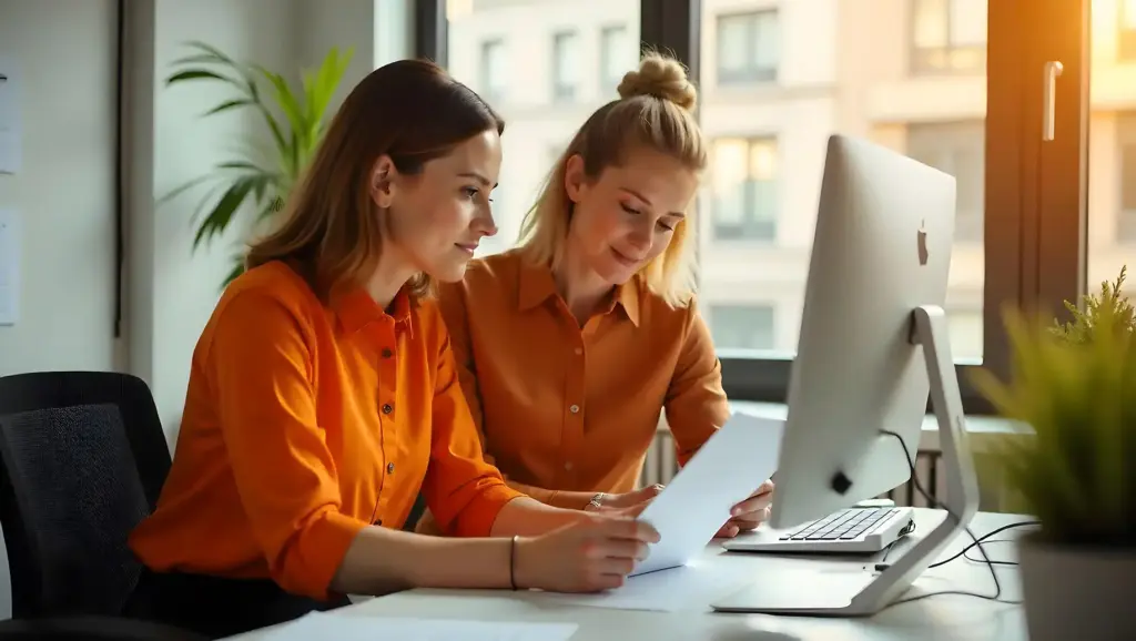 Duas mulheres profissionais discutindo documentos e trabalho ao lado de um computador em um ambiente de escritório bem iluminado, promovendo produtividade e colaboração no contrato de experiência.