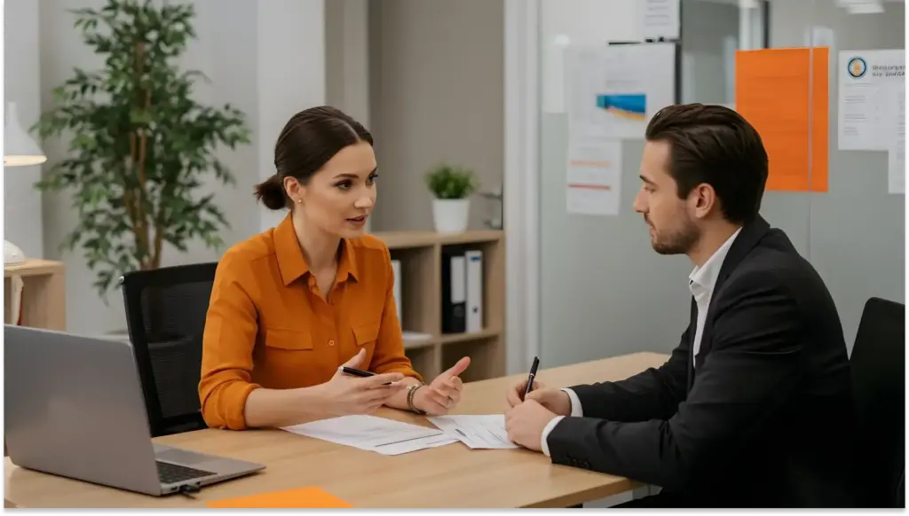 Mulher participando de uma entrevista de emprego com um homem em escritório, trocando ideias e analisando documentos, conceito de recrutamento e seleção.