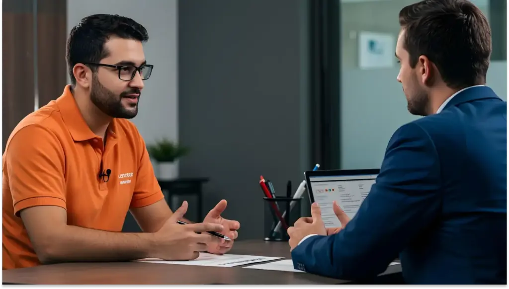 Homem de terno azul conversando sobre soft e hard skills com jovem de camisa laranja em ambiente de escrit