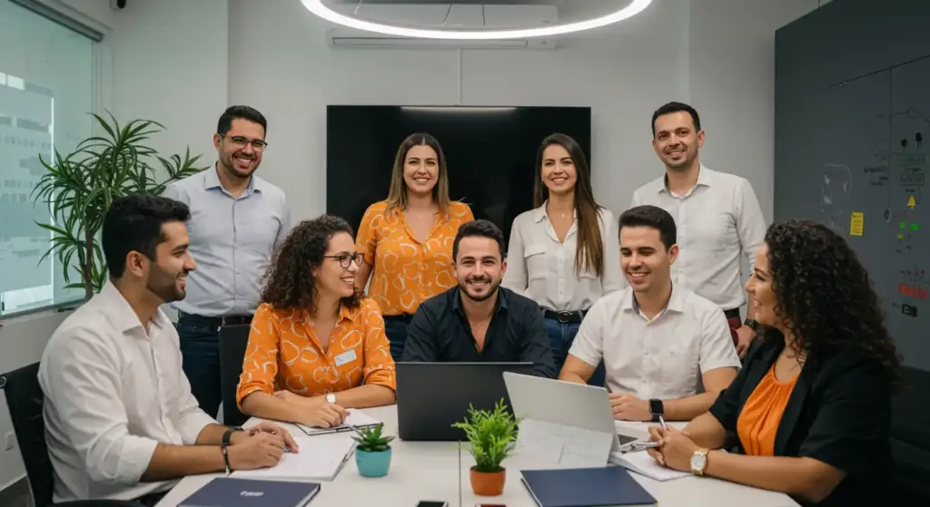 Equipe de profissionais em reunião de trabalho discutindo horários e turnos, otimizando a escala de trabalho para maior produtividade.
