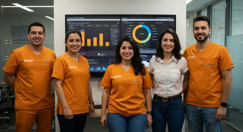 Equipe de profissionais de tecnologia em ambiente corporativo com telas mostrando gráficos e dados relacionados ao relógio de ponto.