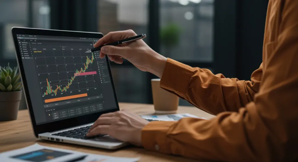 Pessoa analisando escala de trabalho em gráfico no notebook com ambiente de escritório moderno ao fundo.