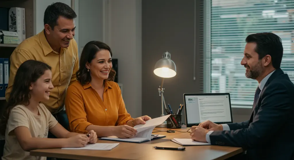 Família feliz durante atendimento no INSS para o salário-família 2025, com papel, computador e sorriso no rosto, simbolizando benefícios sociais.