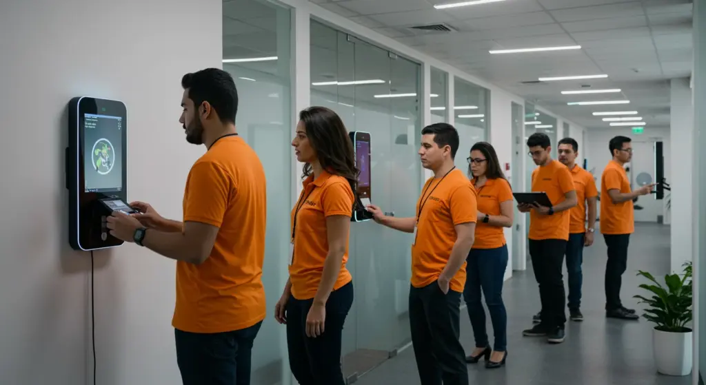 Funcionários registrando entrada e saída usando relógio de ponto eletrônico em ambiente de escritório moderno.