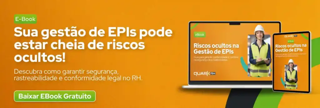 Imagem de uma campanha de E-Book sobre gestão de EPIs, destacando a importância de evitar riscos ocultos. A imagem mostra telas de tablet e smartphone com a capa do e-book, direcionando para download gratuito.