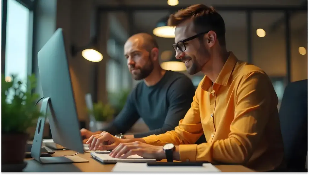 Homem de óculos e camisa amarela sorrindo enquanto trabalha em um computador em um escritório moderno.